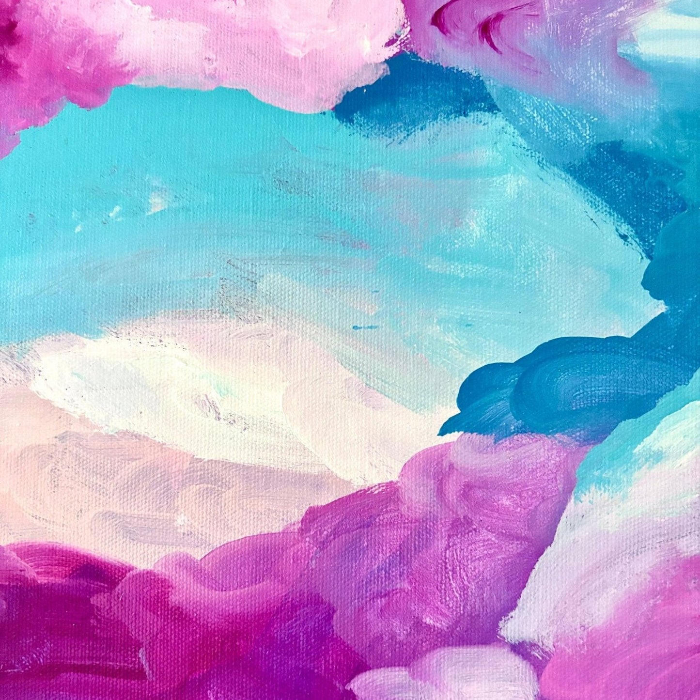 Abstract landscape artwork of clouds with pink,blue and white paint
