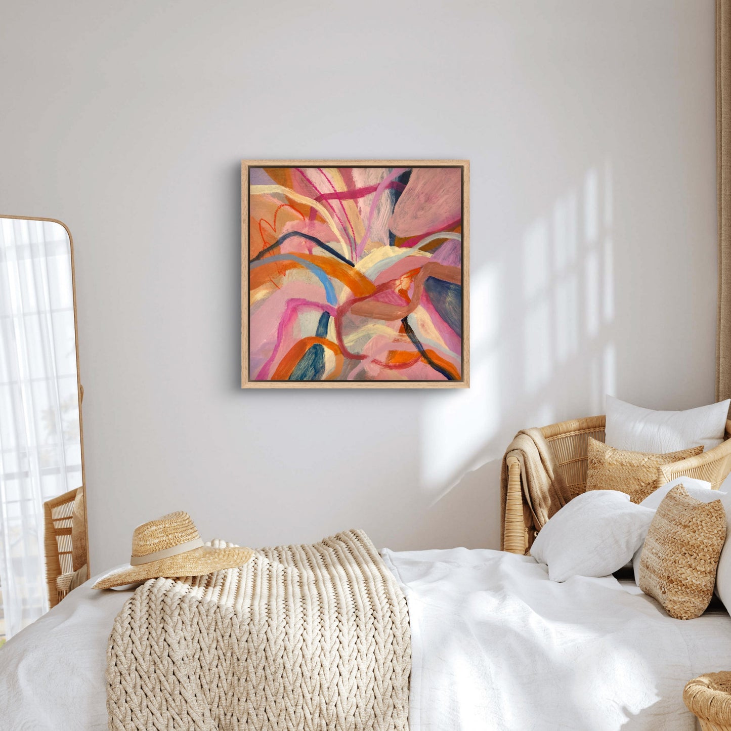 Hibiscus Dreaming Abstract Painting Print Framed 60 x60cm hanging in a white bedroom with large mirror