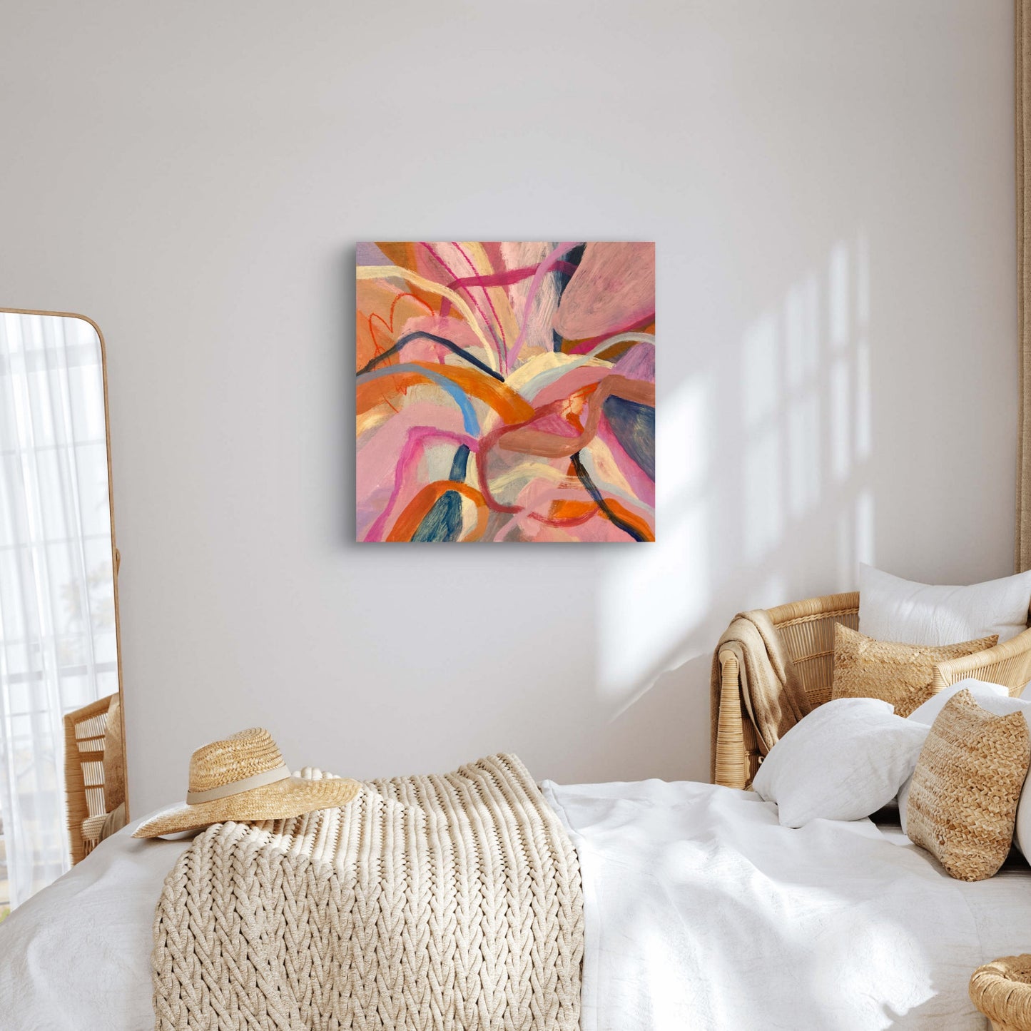 Hibiscus Dreaming Abstract Painting Print unframed 60 x 60cm hanging in a bedroom with a white bed and large mirror