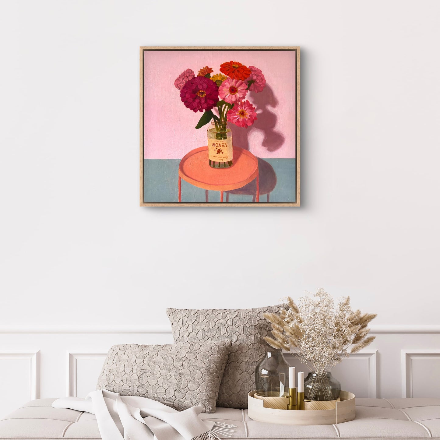 Honey Jar with Zinnias