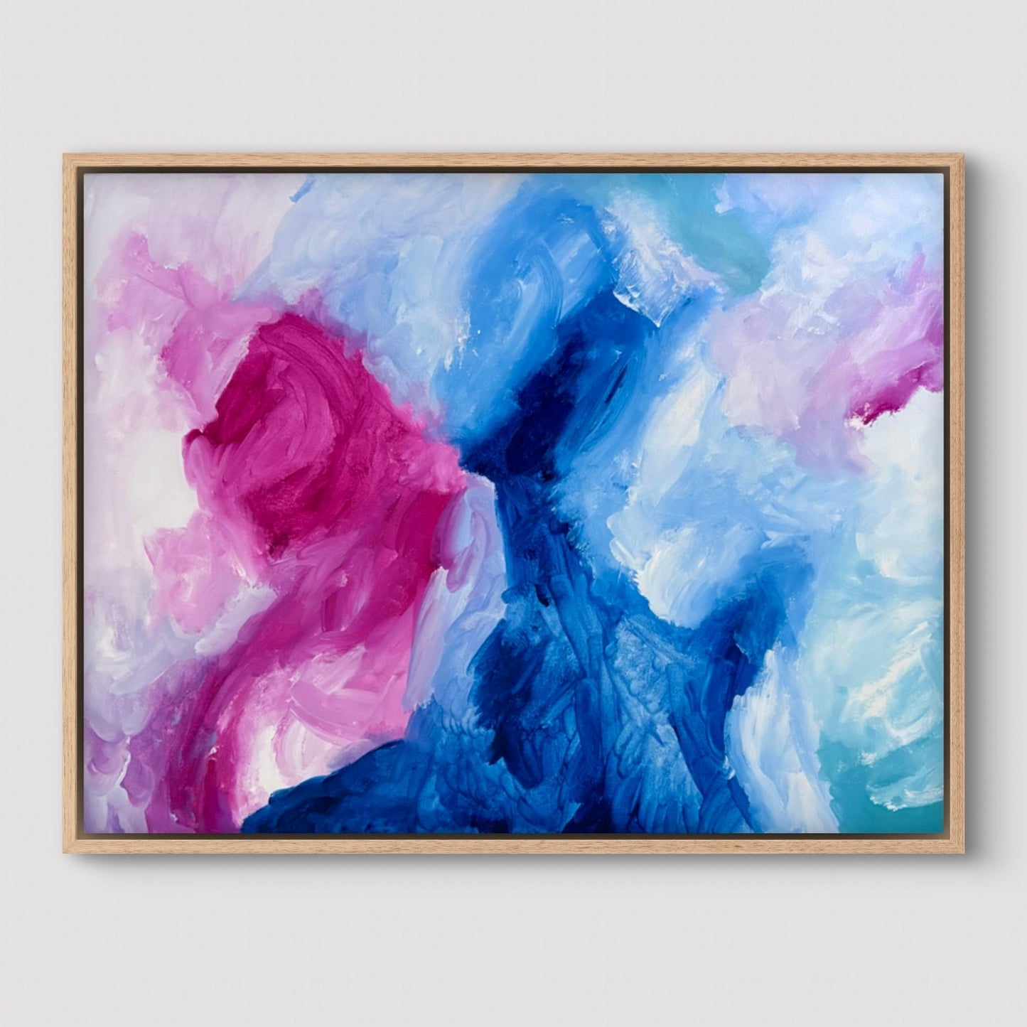 Framed original abstract painting with blue, pink and white colours on a neutral background