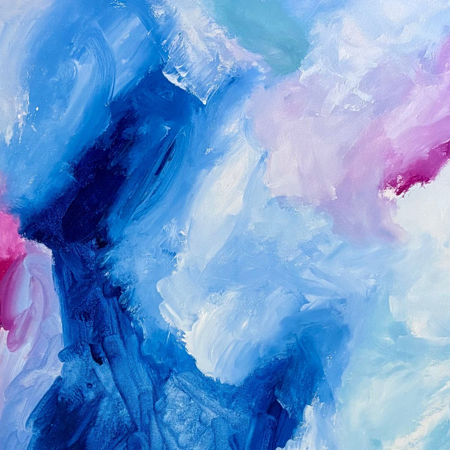 Section of an original abstract painting with blue, pink and white colours