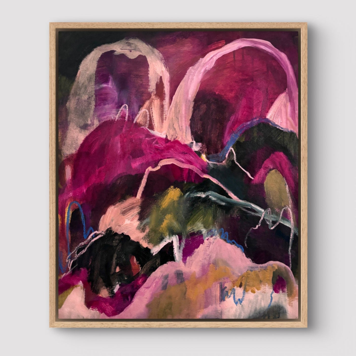 Abstract landscape painting with bright pinks, dark greens and peaches