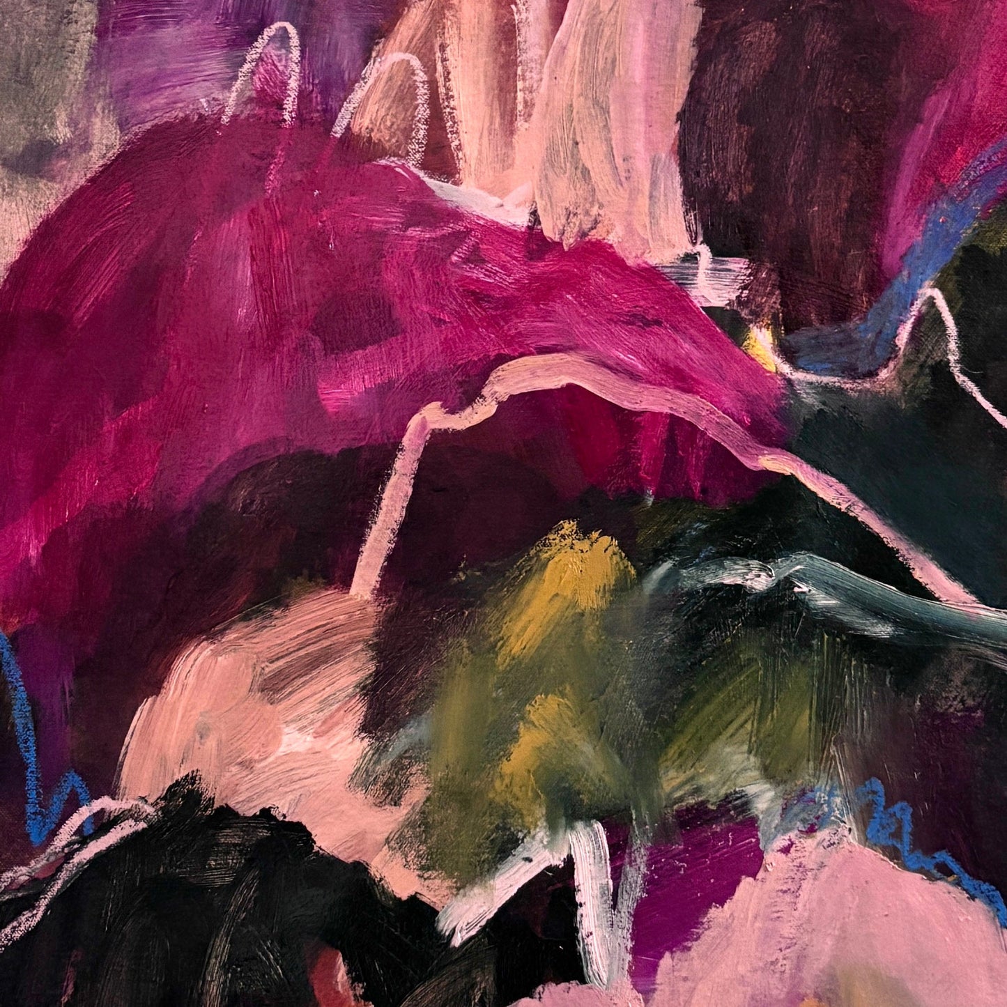 Abstract landscape painting with bright pinks, dark greens and peaches
