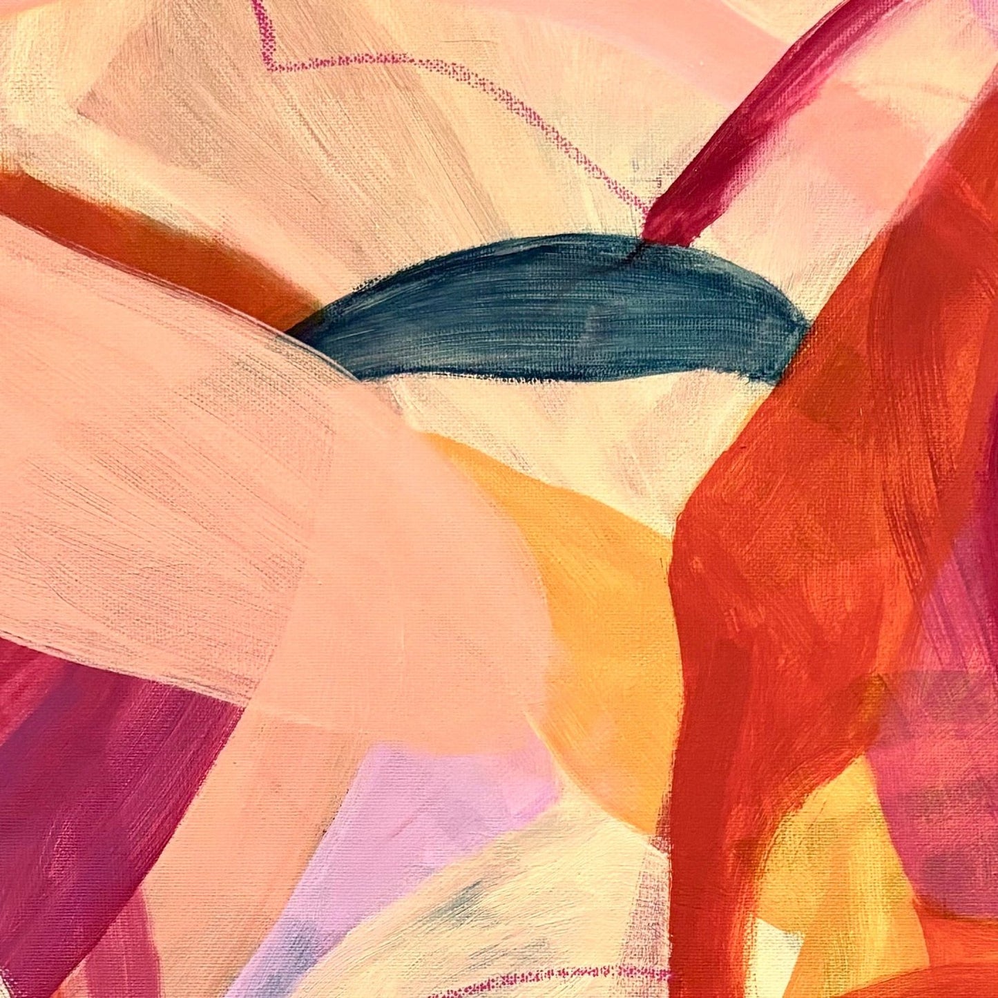 Detail of an original painting of abstract botanical with bright pink, orange and yellow colours