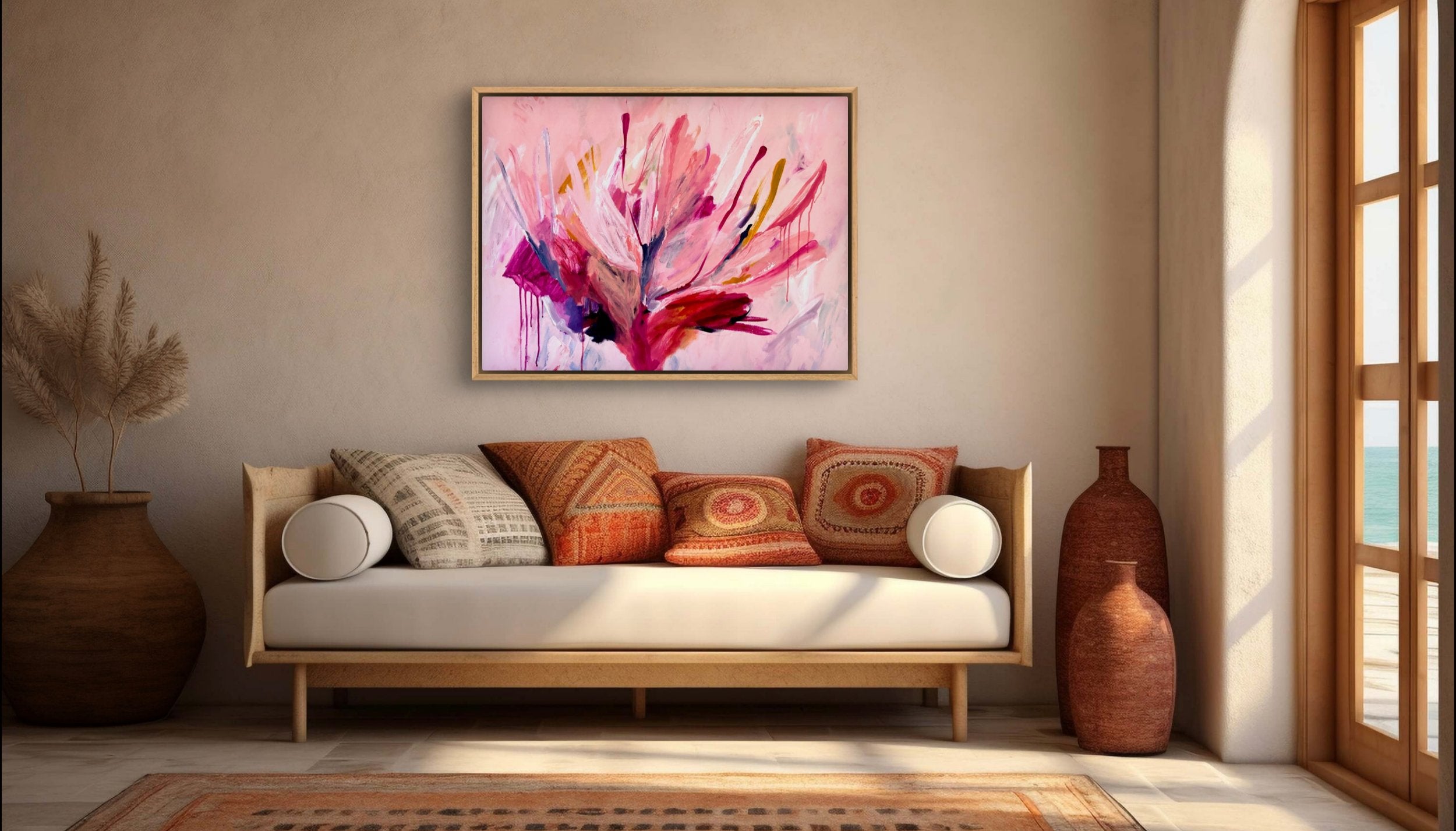 pink botanical painting in moroccan themed lounge room