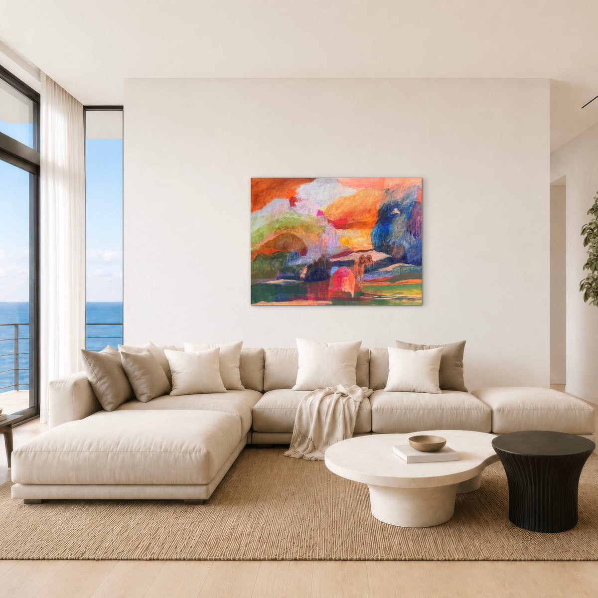 abstract landscape painting in a white lounge room