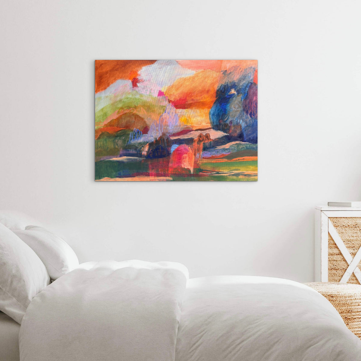 abstract landscape painting in a white bedroom