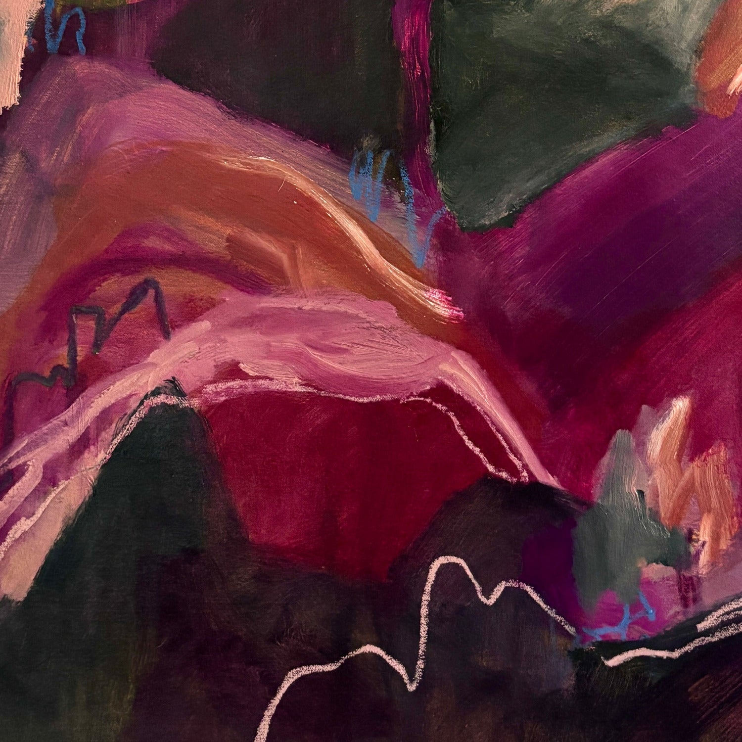 Abstract landscape painting of hills and arches in dark green, magenta and orange