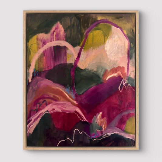 Abstract landscape painting of hills and arches in dark green, magenta and orange