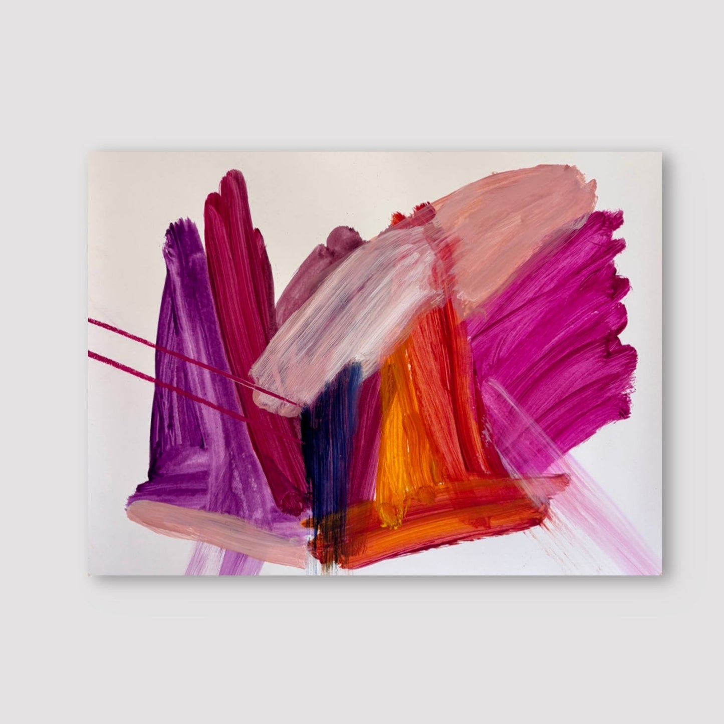 Bright expressive abstract artwprk on paper with pink, purple, orange and peach colours