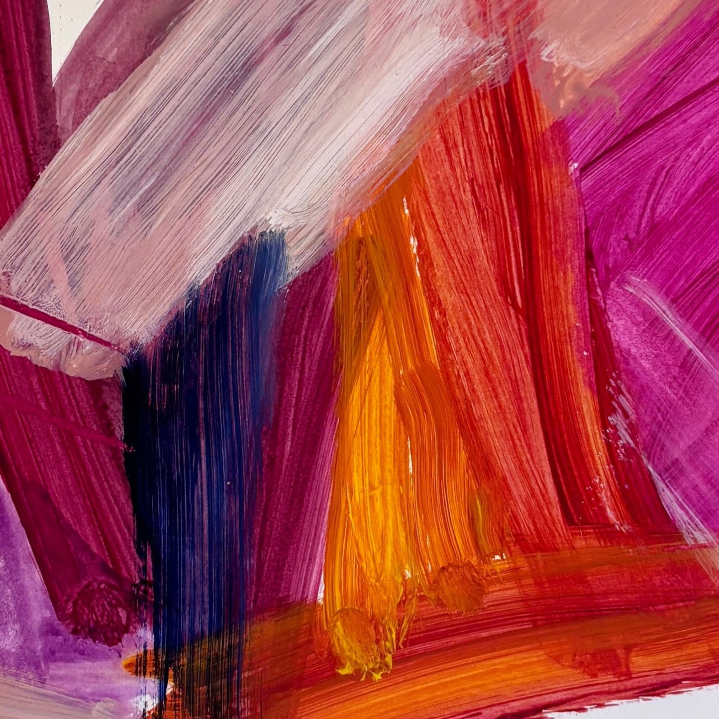 Bright expressive abstract artwork on paper with pink, purple, orange and peach colours 