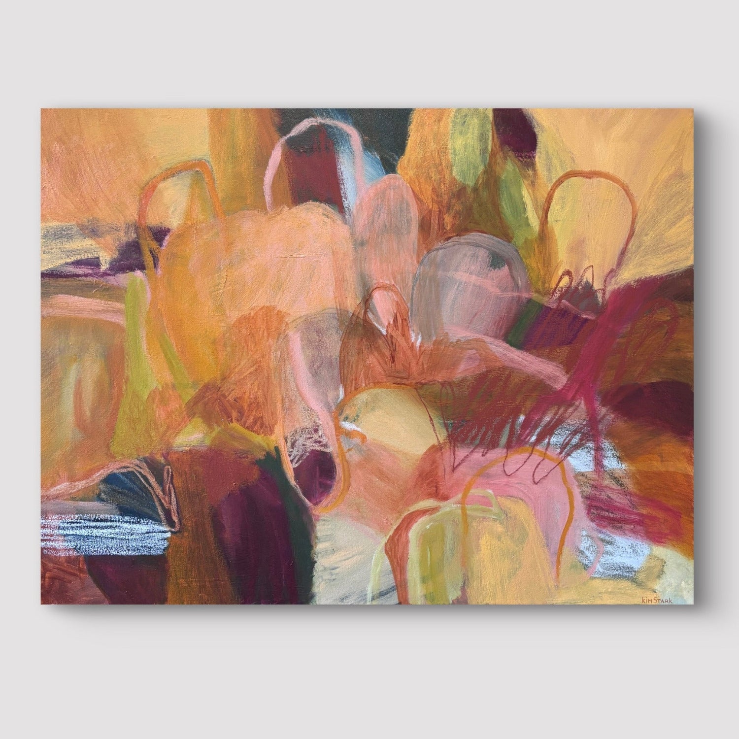 An abstract painting with layered brushstrokes in warm beige, peach, yellow, brown, and burgundy tones, shown as a rectangular art print against a light gray background.