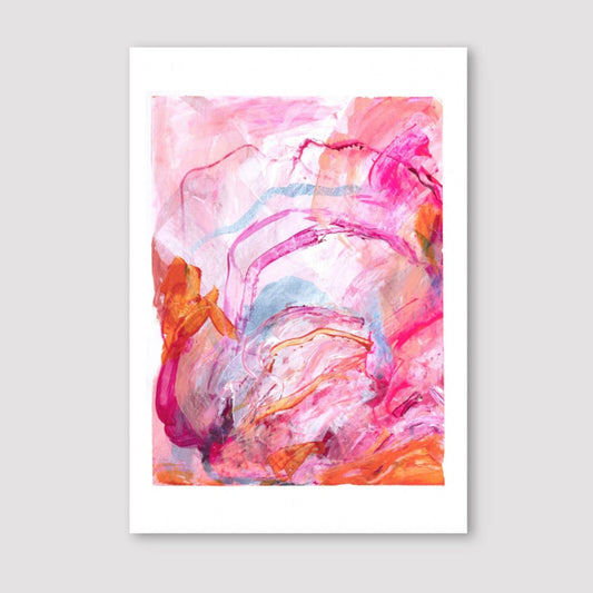 Abstract painting on paper with bright pink, orange and peach colours