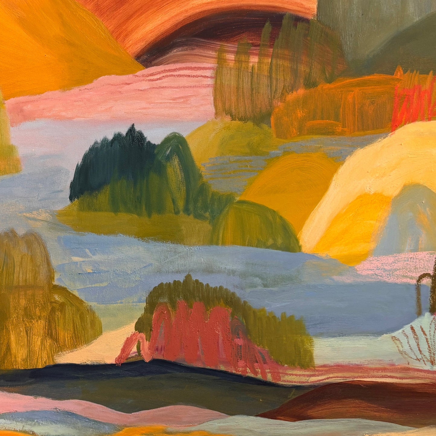 An abstract landscape painting with layered hills and water in warm yellows, oranges, greens, blues, pinks, and reds, with no visible frame or surrounding wall.
