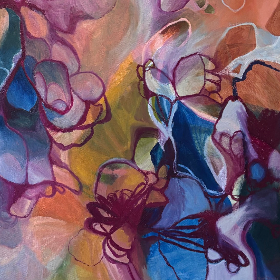 Abstract floral painting with layered blossoms and leaves in blue, purple, pink, peach, and yellow tones, rendered in expressive brushstrokes.