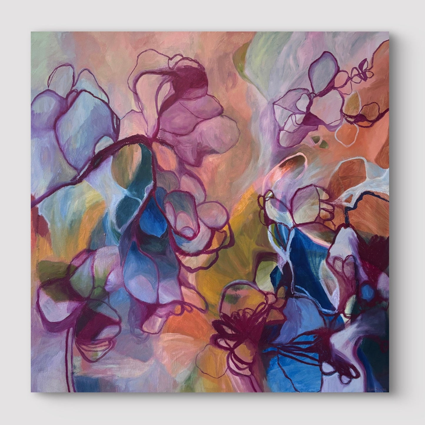 Abstract floral canvas wall art featuring purple, blue, pink, and yellow painted flower shapes with dark outlines on a soft multicolor background.