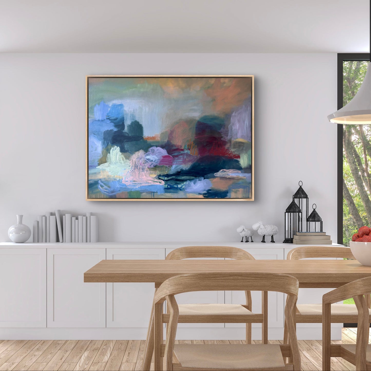 Dining room with a large abstract painting on the wall, wooden table, and chairs.