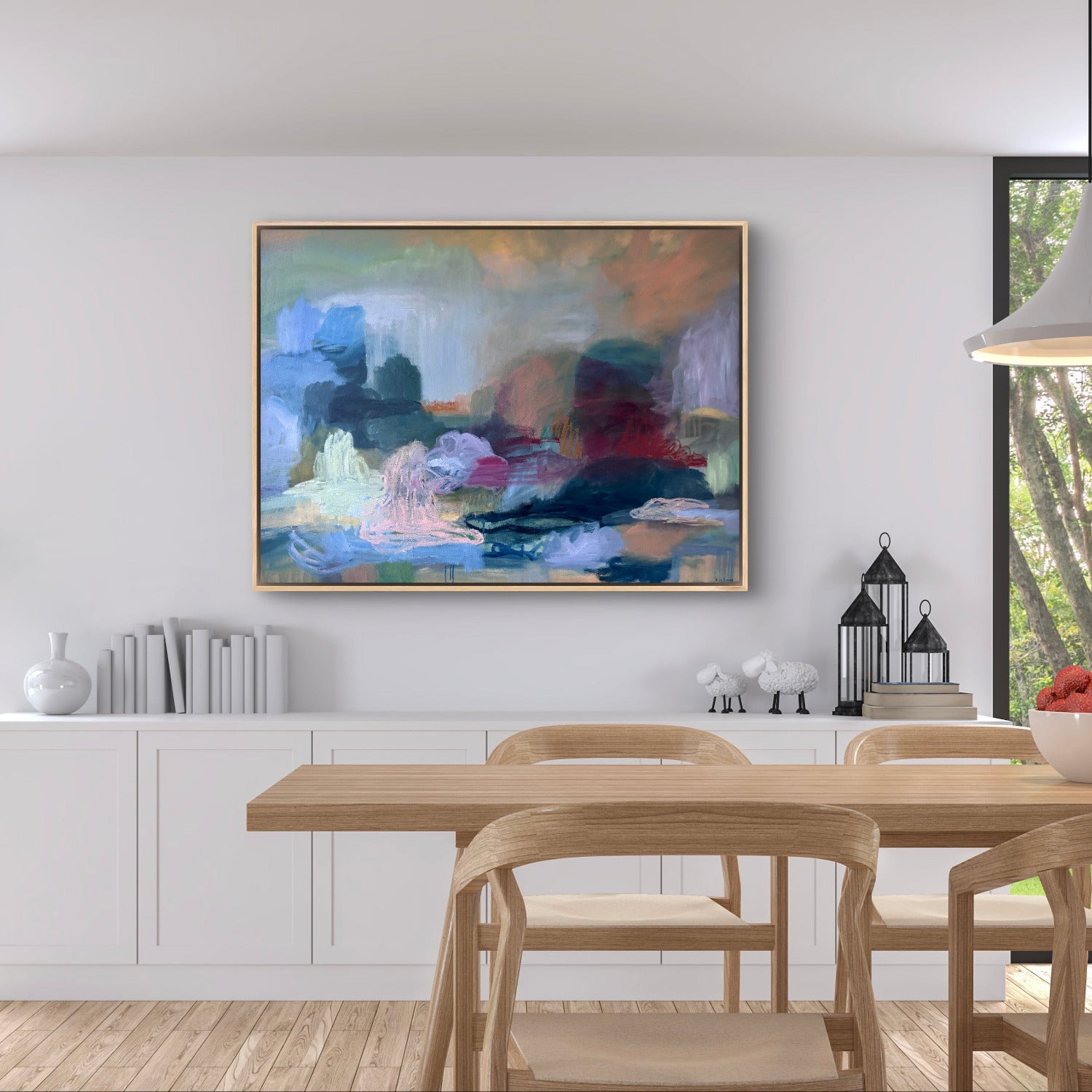 Dining room with a large abstract painting on the wall, wooden table, and chairs.