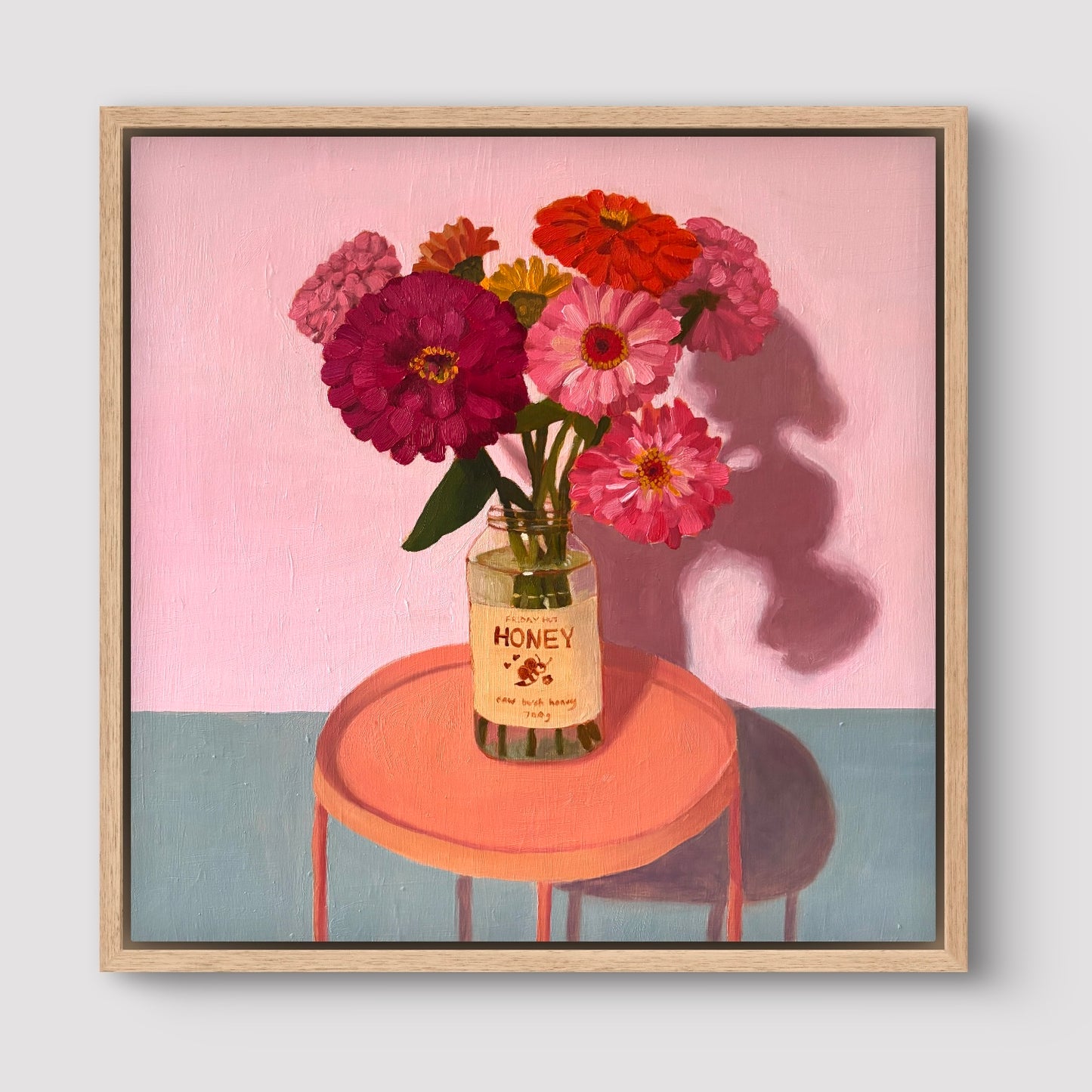 Honey Jar with Zinnias