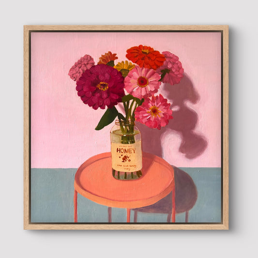 Honey Jar with Zinnias