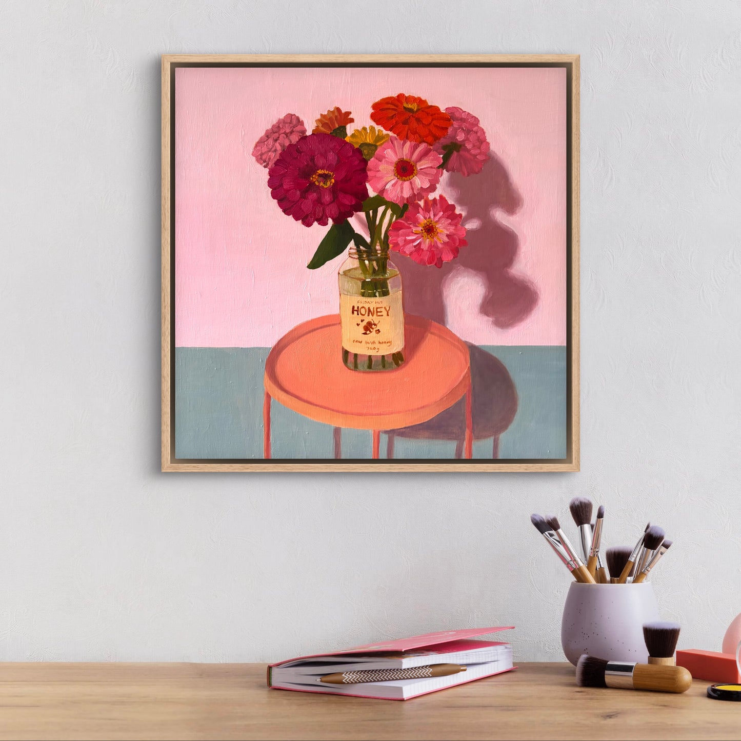 Honey Jar with Zinnias