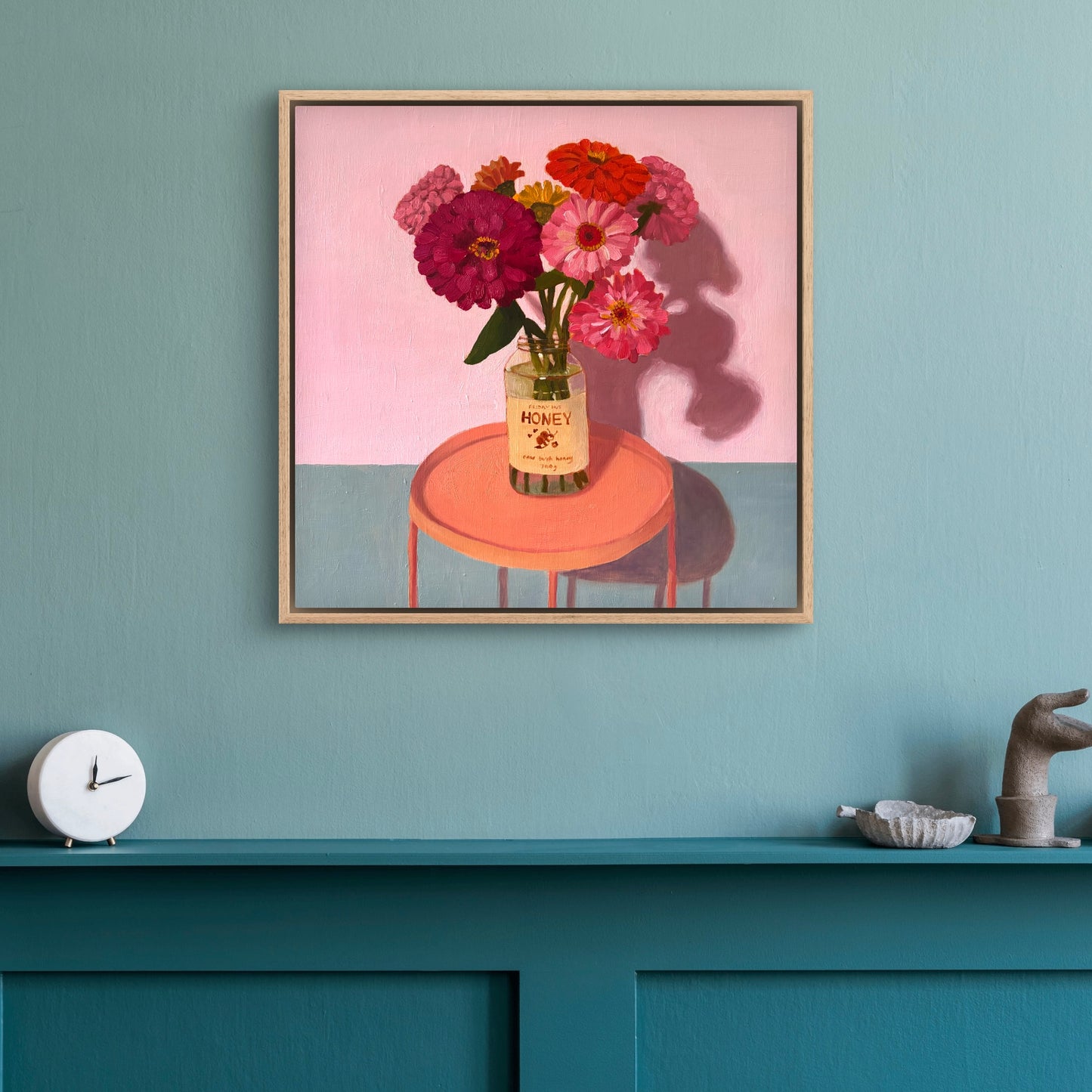 Honey Jar with Zinnias