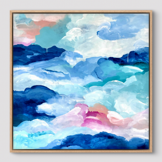 Framed original artwork of abstract clouds of blue, green, white and peach on a neutral background
