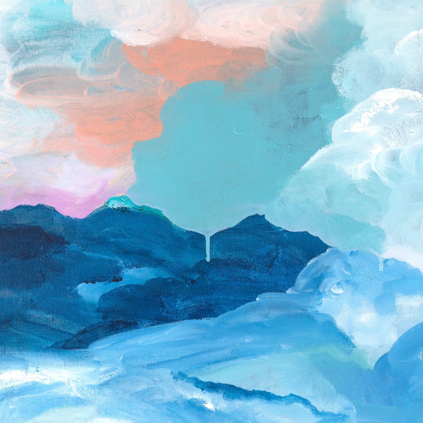 detail of cloud abstract painting with blue, white and peach