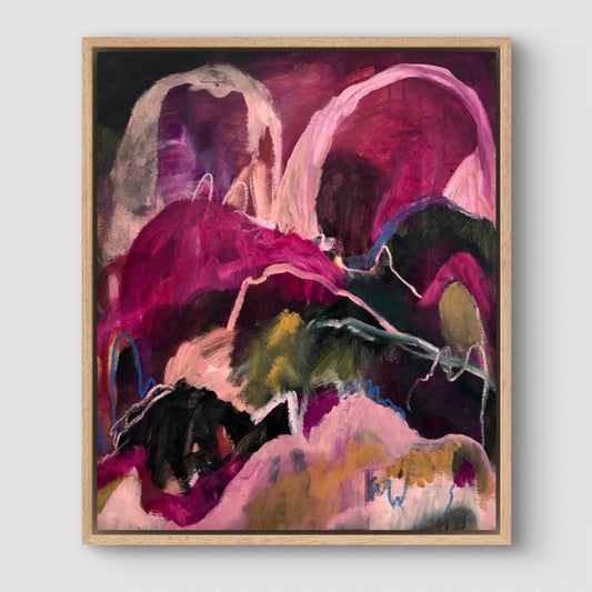 Abstract landscape painting with bright pinks, dark greens and peaches