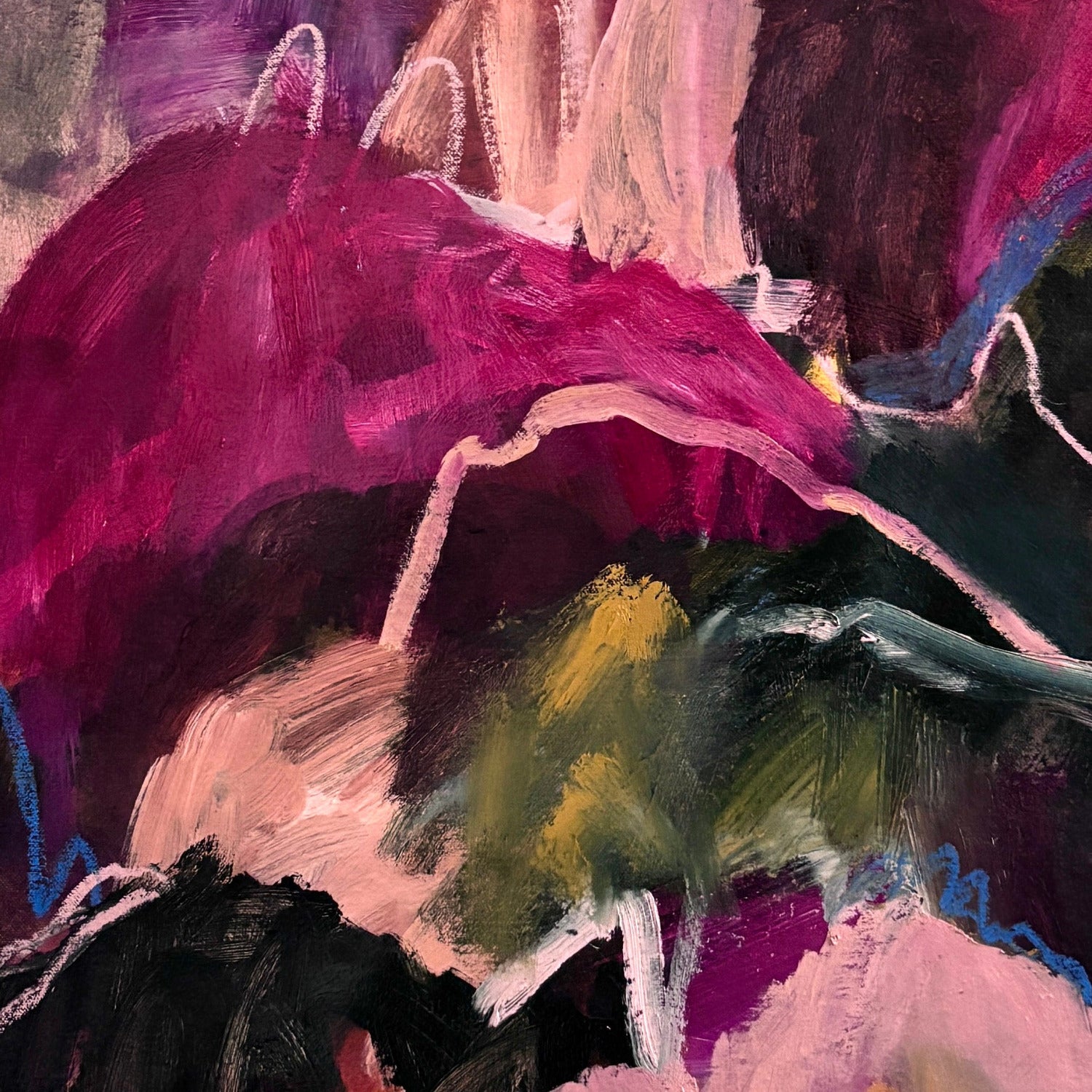 Abstract landscape painting with bright pinks, dark greens and peaches