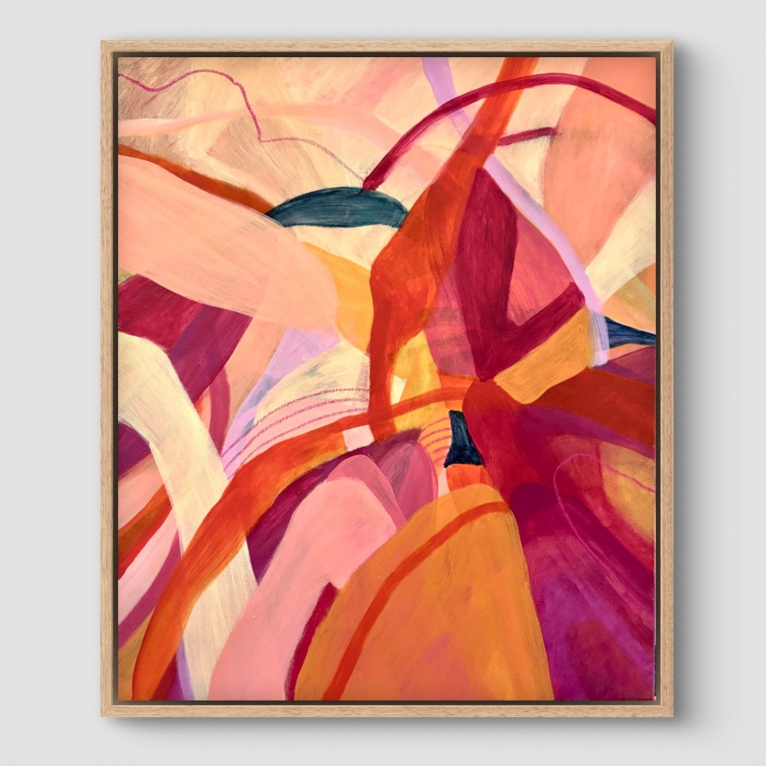 Framed Original painting of abstract botanical with bright pink, orange and yellow colours