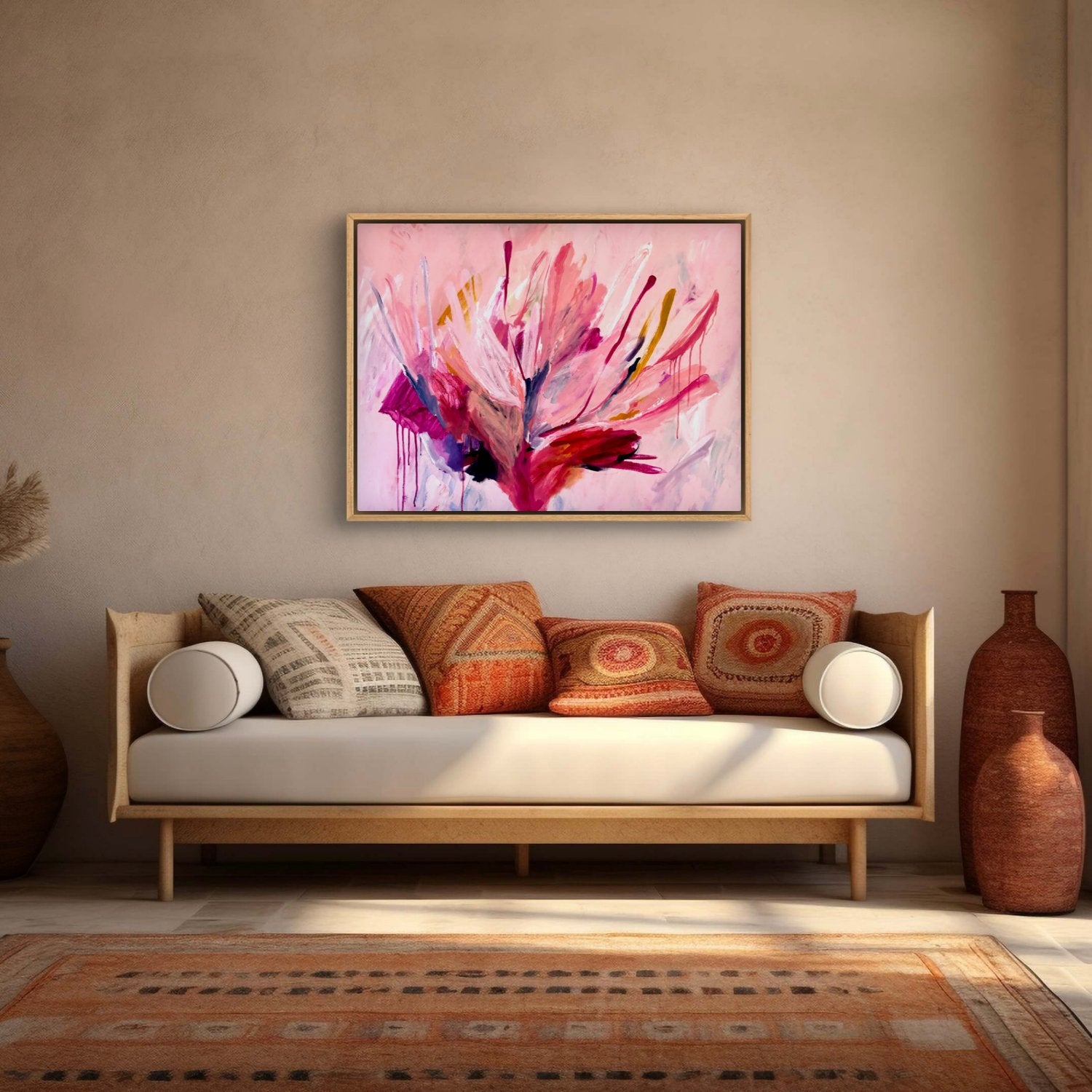 large botanical abstract acrylic painting with bright pink colours in a terracotta Moroccan themed lounge room