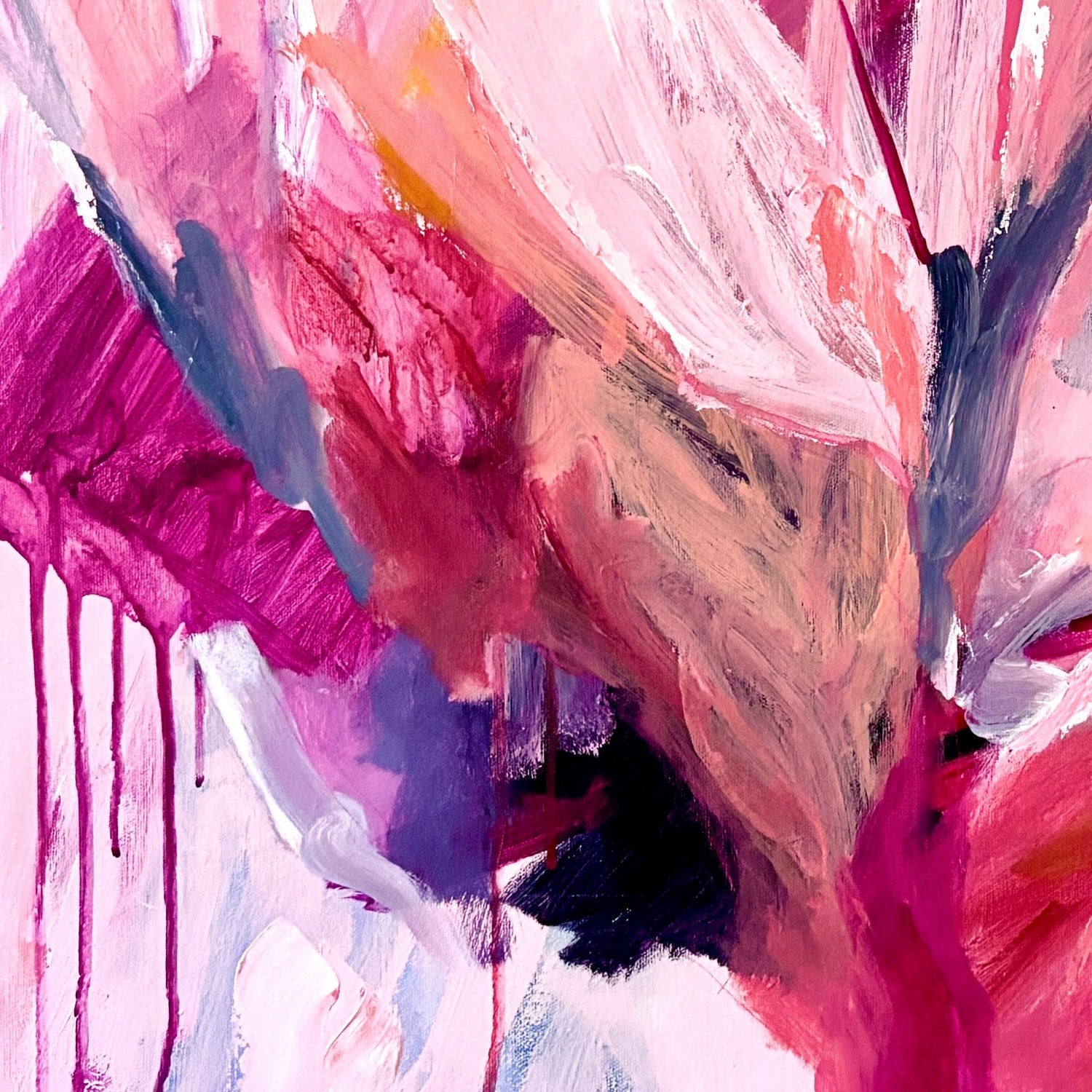 detail of a large botanical abstract acrylic painting with bright pink colours and messy brushstrokes