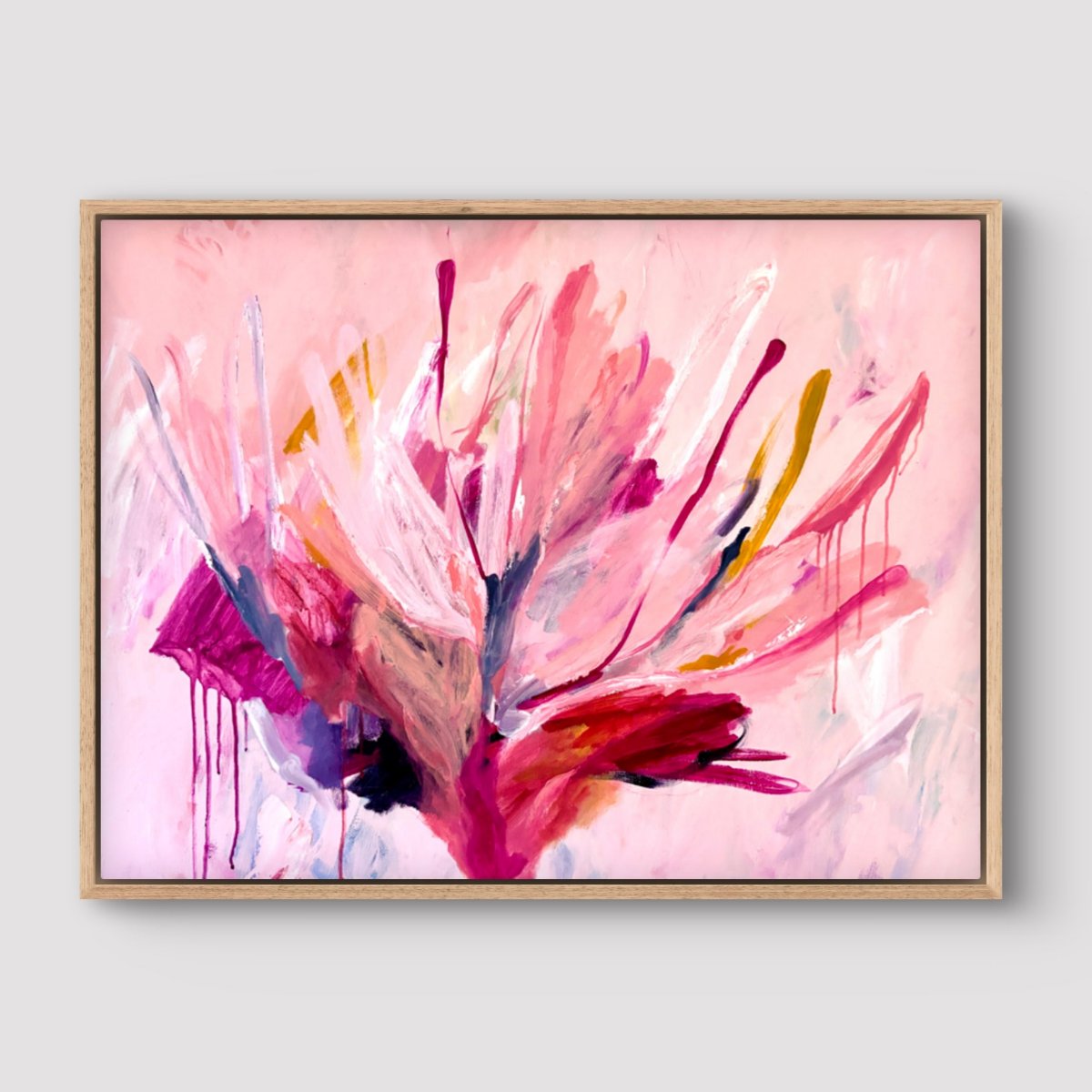 Large floral botanical abstract painting in a raw oak frame on a neutral wall