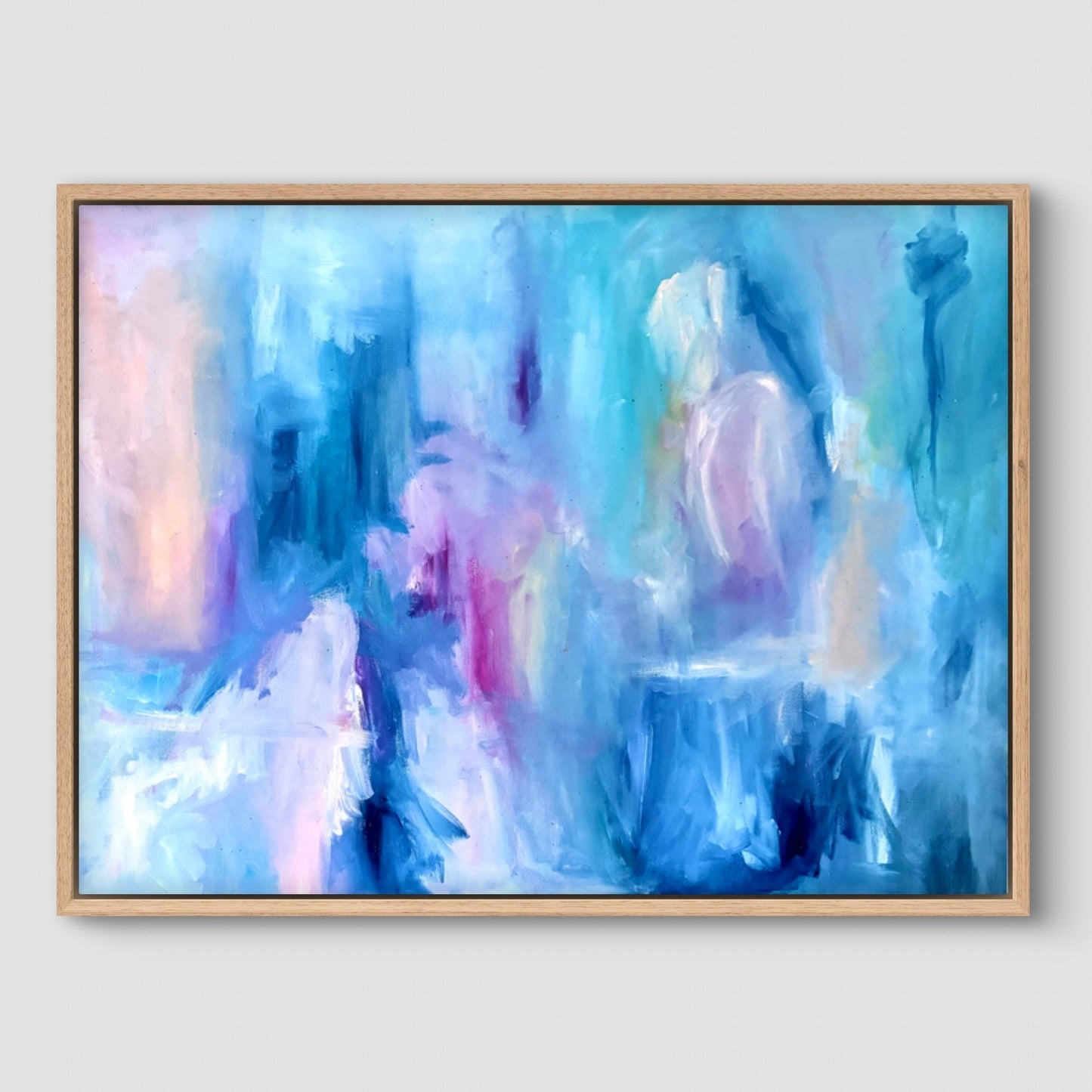 Framed original abstract painting with blue, pink, white and peach colours