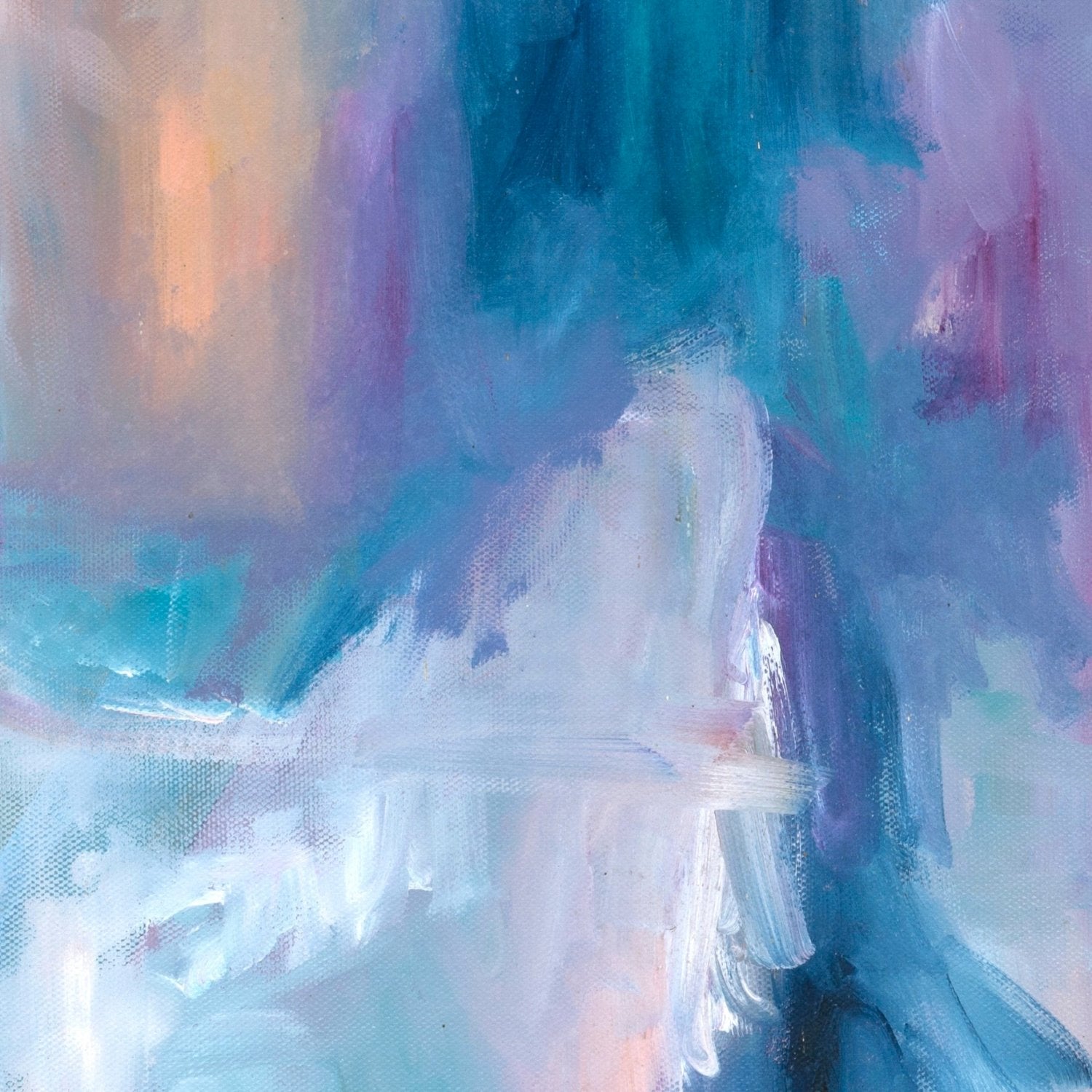 Detail of an original abstract painting with blue, pink, white and peach colours 