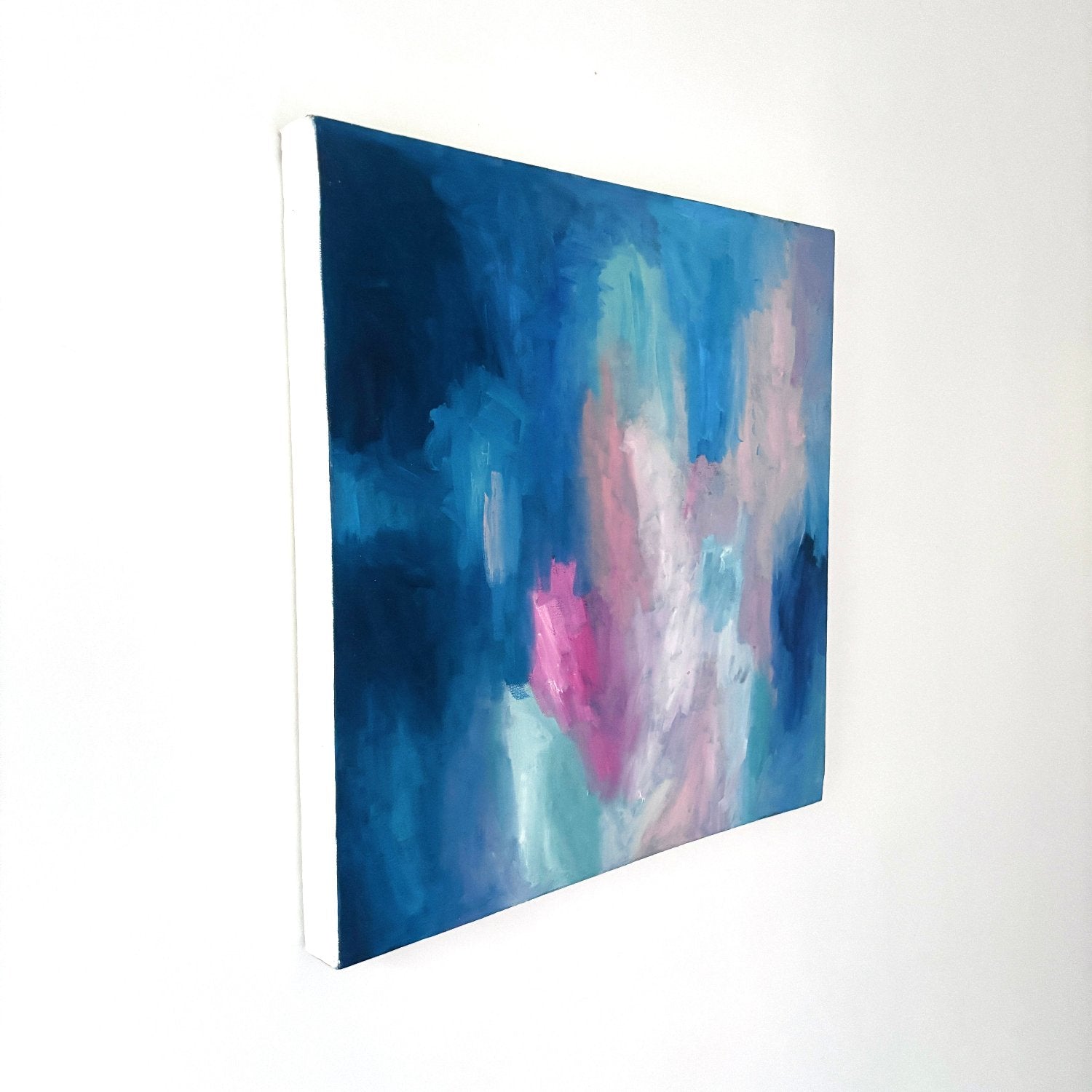 dark blue, peach and pink oil abstract painting 