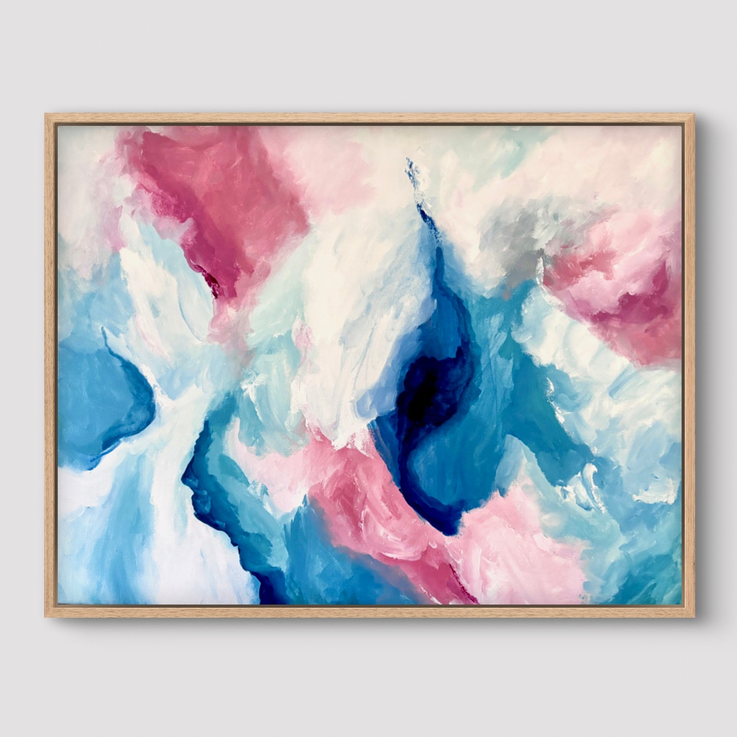 Framed original painting of abstract clouds in blue, green, peach and white