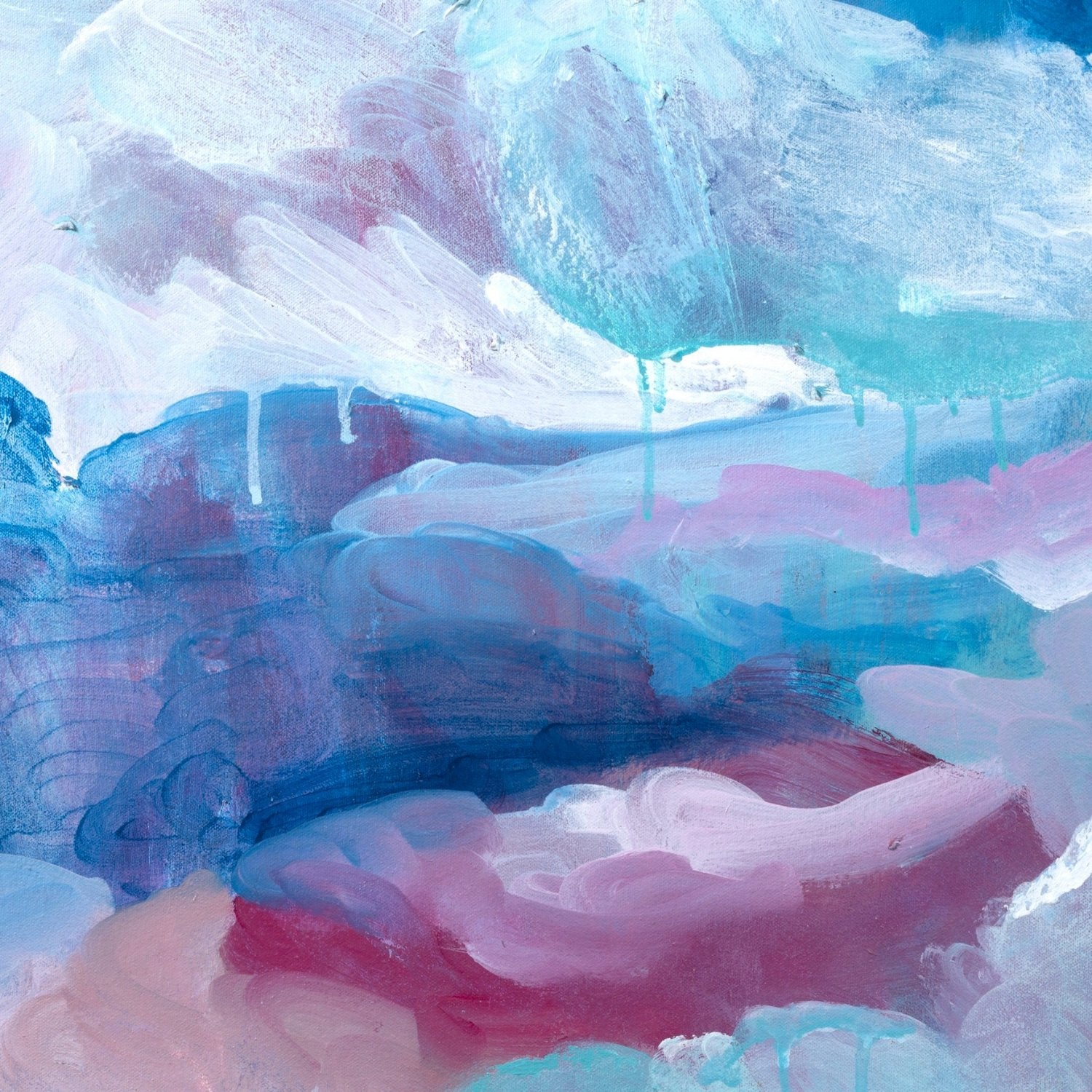 Cropped detail of original cloud painting with blue, white and pink colour