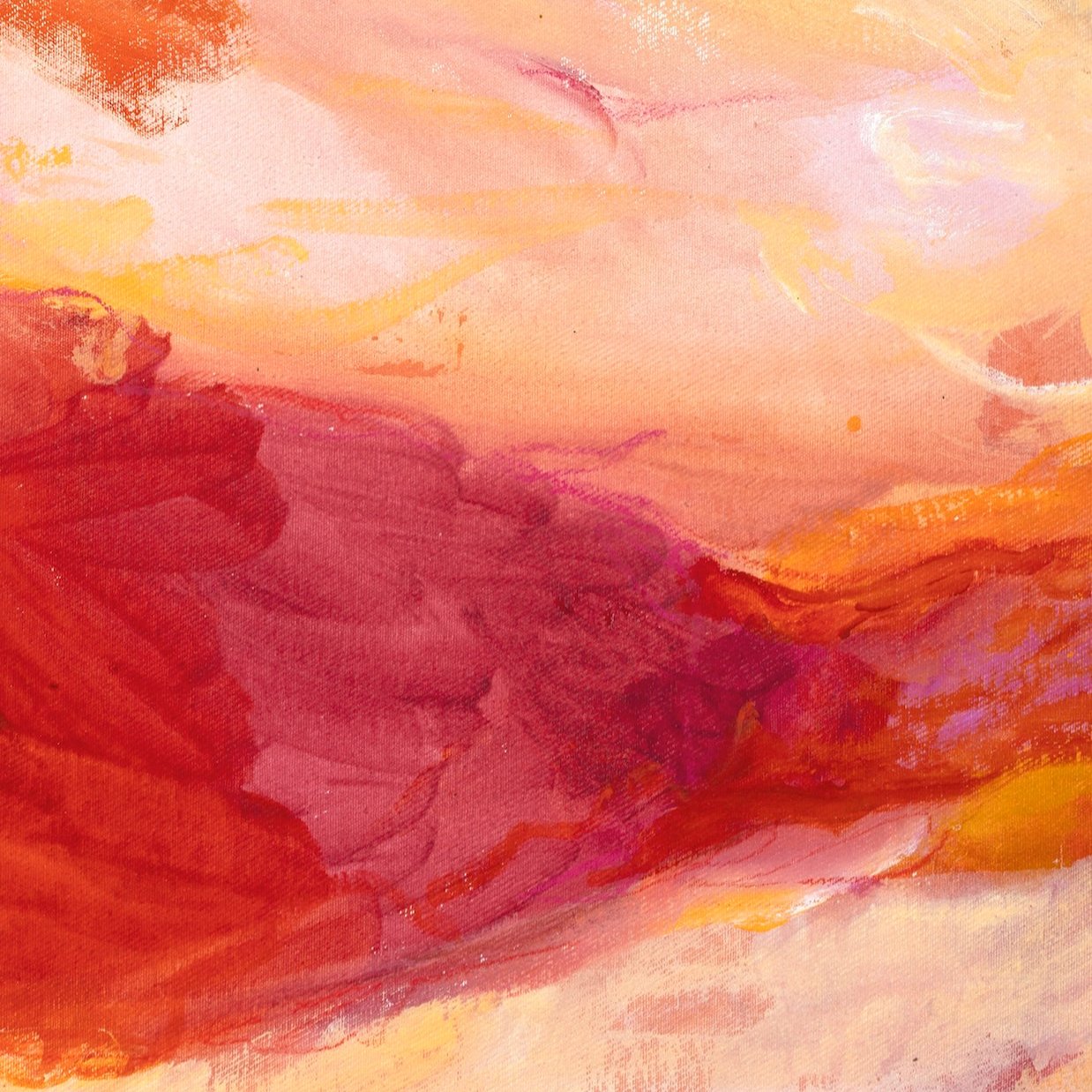 large abstract landscape painting with orange, pink and yellow colours