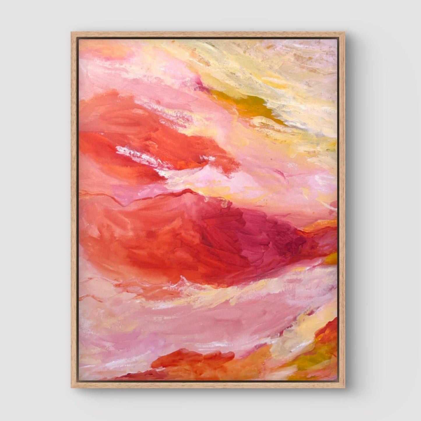 large abstract landscape painting with orange, pink and yellow colours