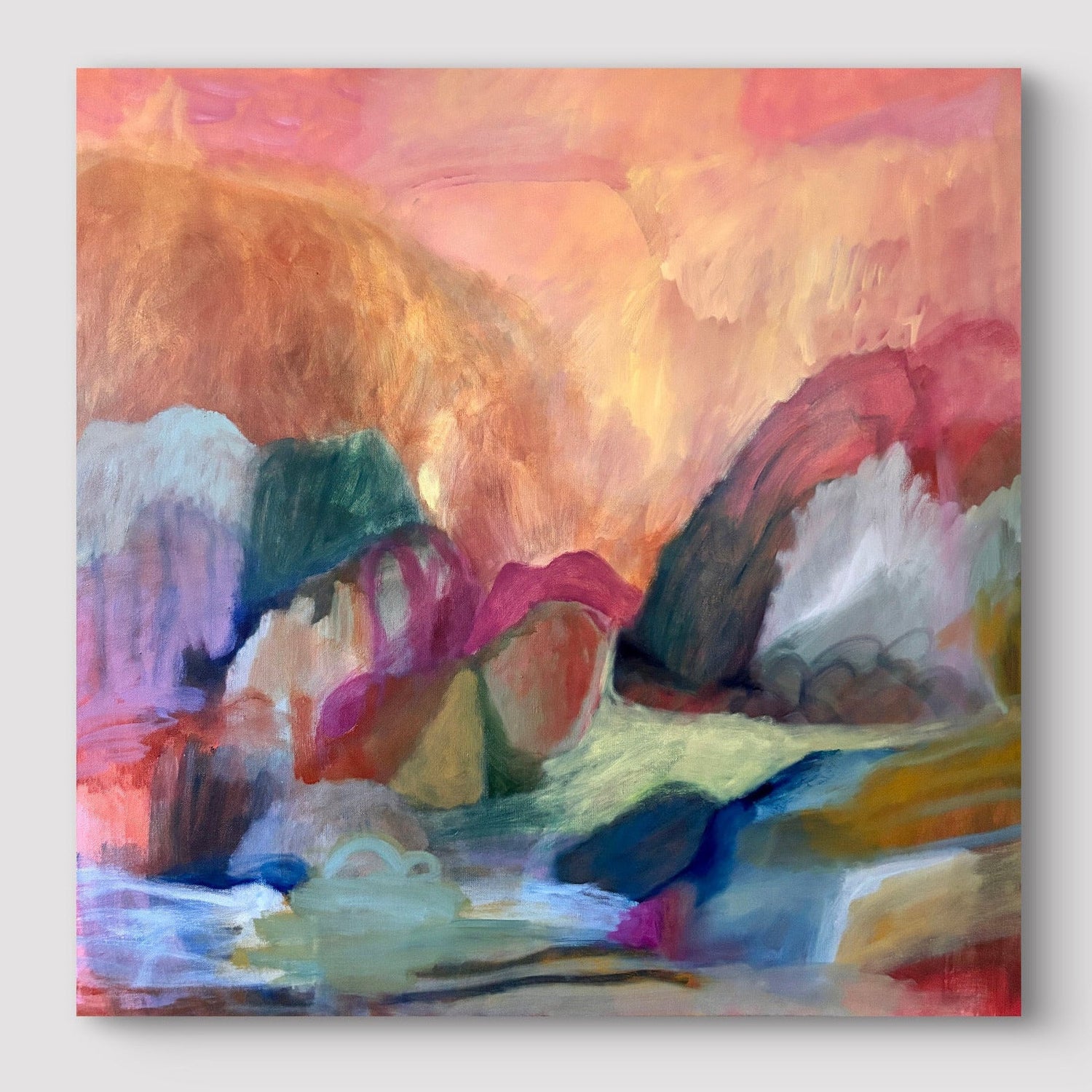 Abstract painting on a white wall with geometric patterns above and below.
